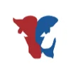 Rundes Logo mit stilisierter rot-blauer Figur