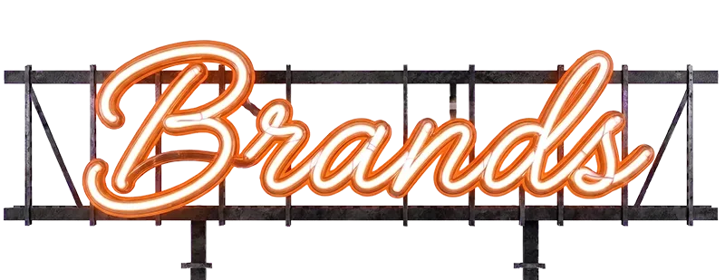Neon-Schriftzug „Brands“ auf Metallgerüst