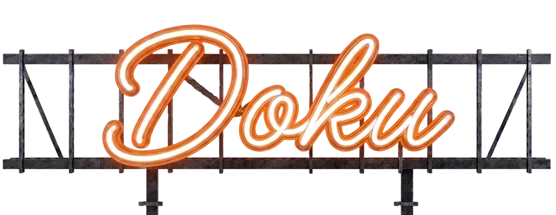 Neon-Schriftzug „Doku“ auf Metallgerüst