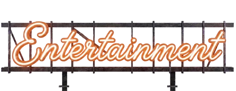 Neon-Schriftzug „Entertainment“ auf Metallgerüst