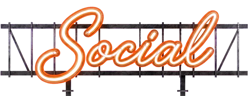 Neon-Schriftzug „Social“ auf Metallgerüst