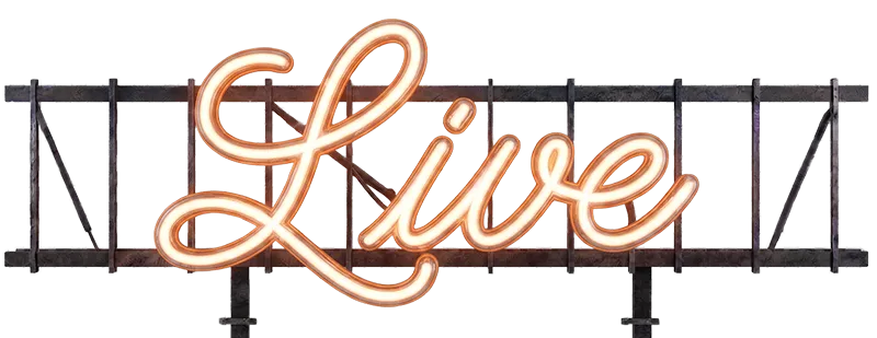 Neon-Schriftzug „Live“ auf Metallgerüst
