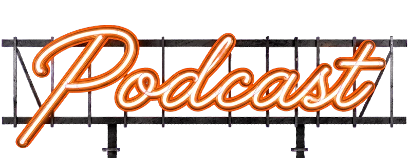 Neon-Schriftzug „Podcast“ auf Metallgerüst